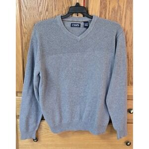 Chaps V Neck Knit Sweater Mens XL Steel Gray Heavyweight Elbow Patch Pullover